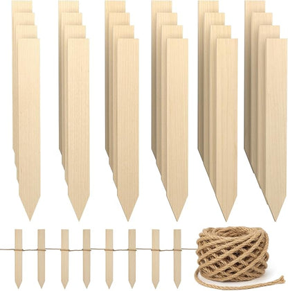 24 Pcs 11.4 Inch Wooden Garden Stakes with 65 Feet Jute Twine, Survey Grading Stakes, Plant Support Stake, Sign Posts for Silt Fence Yard Farm Boundaries Baselines, Garden Decoration