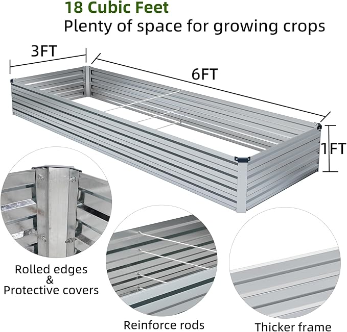 3 Pack 6x3x1FT Galvanized Raised Garden Beds Kit Outdoor Metal Gardening Planter Box for Vegetable Elevated Flower Herbs,Silver