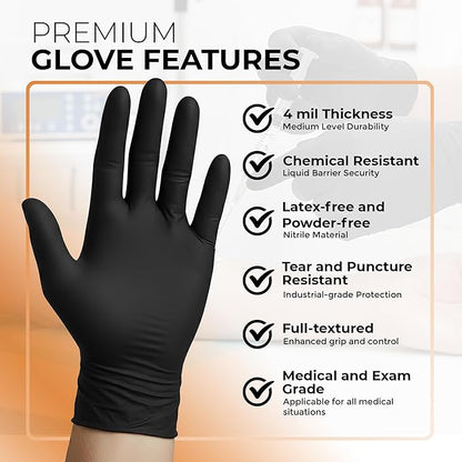 ASAP Black Nitrile Gloves Disposable Latex Free 4 Mil, Powder Free, Food Safe, Medical, Tattoo, Cleaning Gloves