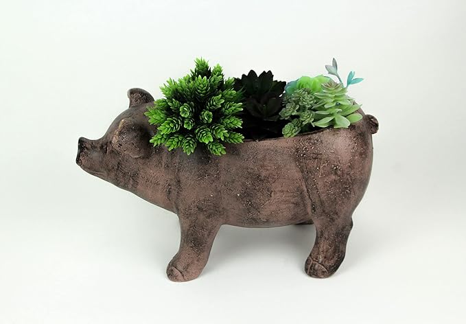 Zeckos Rustic Brown Smiling Pig Resin Decorative Planter - 17 Inches Long - Great for Flowers and Succulents - Perfect for Both Indoor and Outdoor Decor Settings