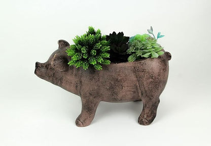 Zeckos Rustic Brown Smiling Pig Resin Decorative Planter - 17 Inches Long - Great for Flowers and Succulents - Perfect for Both Indoor and Outdoor Decor Settings