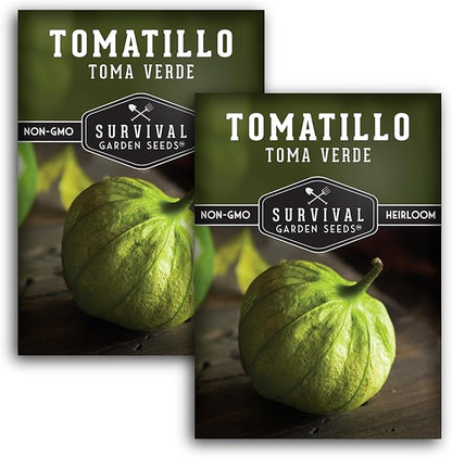 Toma Verde Tomatillo Seeds for Planting - Heirloom Mexican Green Husk Tomato, High Yield Non-GMO Variety for Salsa Verde and Authentic Mexican Cooking - Survival Garden Seeds (2 Packs)