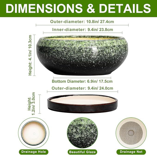 Bonsai Pots 10 Inch - Ceramic Pots for Plants Indoor Outdoor, Succulent Pot with Drainage Hole and Saucer, Large Bonsai Planter, Round Shallow Planter, Office Decor, Gardening Gift, Green