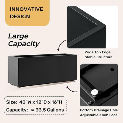 40Wx12Dx16H Metal Planter, Raised Garden Bed, Rectangular Planter Box for Outdoor Plants, Vegetables & Vines, Features Drainage Holes & Adjustable Feet, Easy Assembly, Black