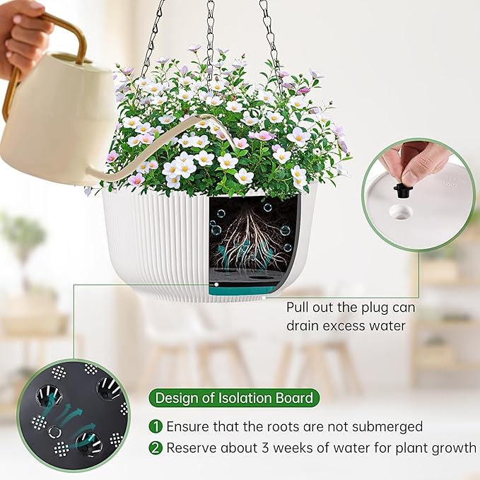 White Hanging Planters for Indoor Outdoor Plants, Set of 2 11.2 Inch Self-Watering Hanging Pots with Drainage Hole & Plug II Screw-in Hooks II