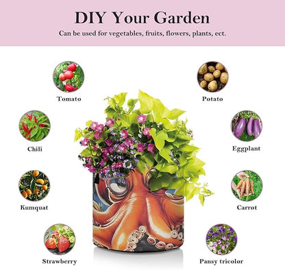 Fabric Plant Grow Bags Cute Octopus, 3Gallon Cloth Planting Pouch Flower Pot Thickened for Garden Vegetable Flower Planting