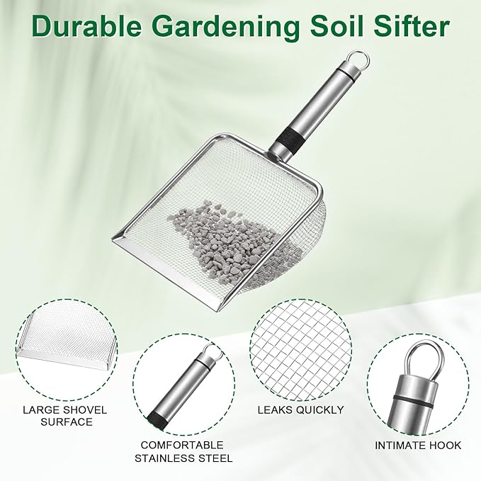 1-Pack Gardening Soil Sifter, 2.8 mm Mesh Stainless Steel Sand Soil Compost Sieve with Stainless Steel Handle for Sand/Dirt/Rock Compost, Screen Potting Scoop [Silver Tone]