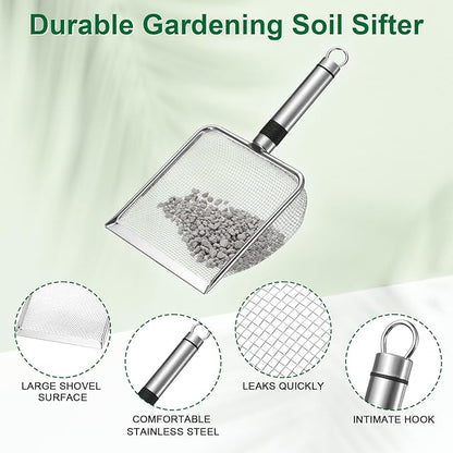 1-Pack Gardening Soil Sifter, 2.8 mm Mesh Stainless Steel Sand Soil Compost Sieve with Stainless Steel Handle for Sand/Dirt/Rock Compost, Screen Potting Scoop [Silver Tone]