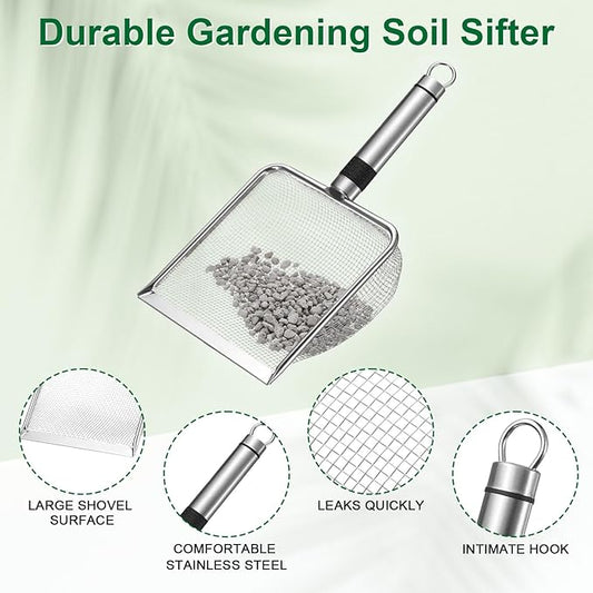 1-Pack Gardening Soil Sifter, 2.8 mm Mesh Stainless Steel Sand Soil Compost Sieve with Stainless Steel Handle for Sand/Dirt/Rock Compost, Screen Potting Scoop [Silver Tone]