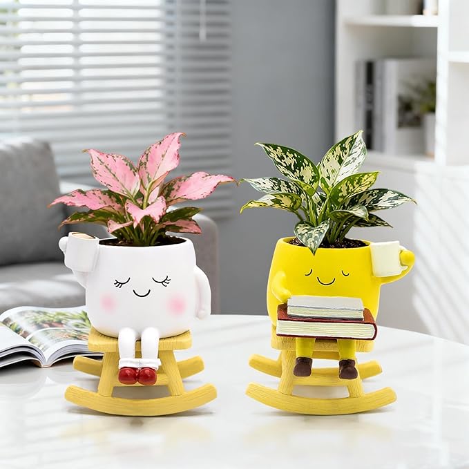 Smily Face Rocking Chair Planter - Cute Resin Book Coffee Succulents Plant Pots with Drainage Hole for Indoor Outdoor Garden, Gift IdeaI for Mother Appreciation Christmas (White and Yellow)