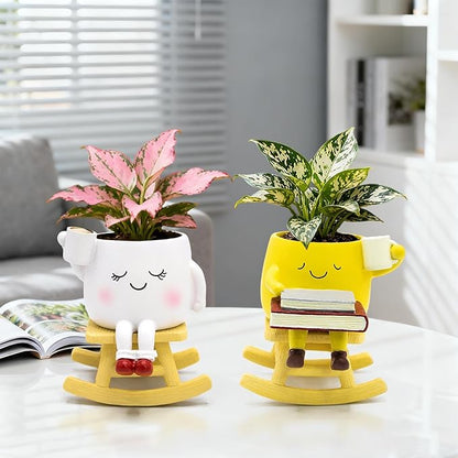 Smily Face Rocking Chair Planter - Cute Resin Book Coffee Succulents Plant Pots with Drainage Hole for Indoor Outdoor Garden, Gift IdeaI for Mother Appreciation Christmas (White and Yellow)