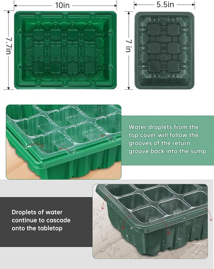 Seed Starter Tray Medium Size 4 Packs, Seed Starter Kit with Upgraded 24 Full Spectrum LEDs, Adjustable Brightness and Timer, with Drainage Holes, Tools and Labels for Indoor Plant Growing