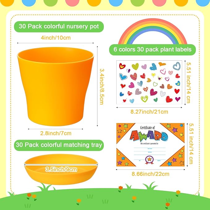 Domensi 30 Pack Spring Crafts for Kids Bulk DIY Flower Pots 4 Inch Plastic Garden Plant Pots Planters with Tray Drainage Holes with 458 Stickers 30 Certificates Cards to Decorate(Multicolored)