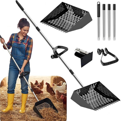 Chicken Poop Scooper & Rake 2-in-1, Adjustable Steel Handle Chicken Poop Shovel (24"-63.7"). Chicken Coop Scoop for Chicken Coop and Pet Poop Cleaning with Ergonomic Grip-Long Slot