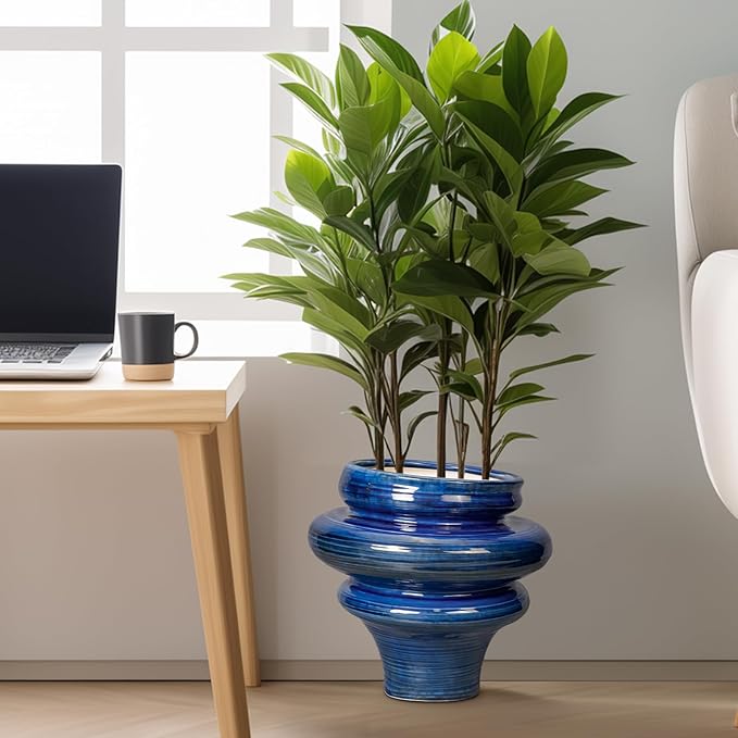 Ceramic Pots for Plants - 11 Inch Ceramic Planter with Drainage Hole, Unique Planters for Indoor Outdoor, Large Decorative Flower Pot, Home Office Room Decor, Gifts for Plants Lover, Blue