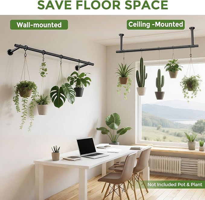 2 Pack Window Plant Hanger Indoor, 32 Inch Heavy Duty Plant Hanging Rod, 1 Inch Metal Hanging Plant Holder for Window Wall, Matte Black Round Flange Base, Pot Not Included