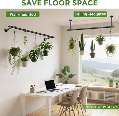 2 Pack Window Plant Hanger Indoor, 32 Inch Heavy Duty Plant Hanging Rod, 1 Inch Metal Hanging Plant Holder for Window Wall, Matte Black Round Flange Base, Pot Not Included