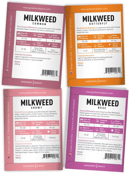 Gardeners Basics, Milkweed Seeds for Monarch Butterflies (4 Variety Pack) Common, Showy, Butterfly and Rose Varieties Attracts Butterflies, Bees and Pollinators Heirloom Flower Seeds Wildflower Seed