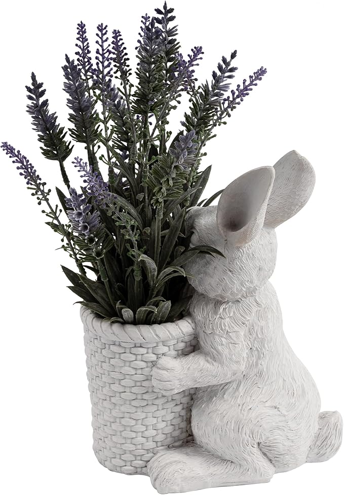 Elegant Resin Statue Flower Pot –Vintage White Swan Planter with Artificial Lavender Plant Indoor Outdoor Rustic Garden Decor – Cute Animal Figurine Gift (Rabbit)