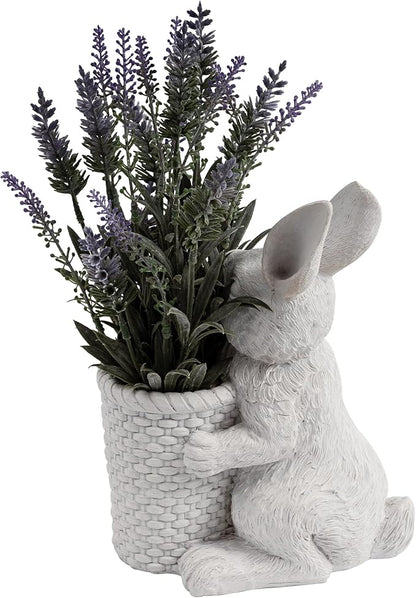 Elegant Resin Statue Flower Pot –Vintage White Swan Planter with Artificial Lavender Plant Indoor Outdoor Rustic Garden Decor – Cute Animal Figurine Gift (Rabbit)