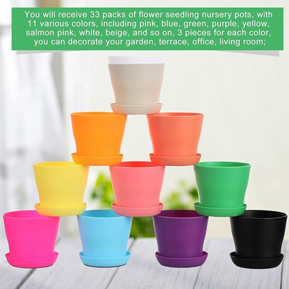33 Pack 4 Inch Plastic Flower Plant Pots Thickened Seedlings Nursery Pots with Tray Assorted Small Flower Pots Colorful Plastic Planters with Saucers Gardening Plant Containers