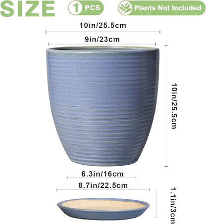 10 Inch Plant Pot - Round Ceramic Planter with Drainage Hole and Plant Saucer Indoor Outdoor for Decoration, Modern Home Garden Office Decor, House Warming Gifts, Blue-Purple