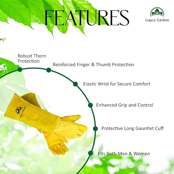 Leather Gardening Gloves for Women & Men, Long Garden Gloves, Cowhide Gauntlet Rose Pruning Thorn Resistant, Forearm Protection, Medium, Yellow