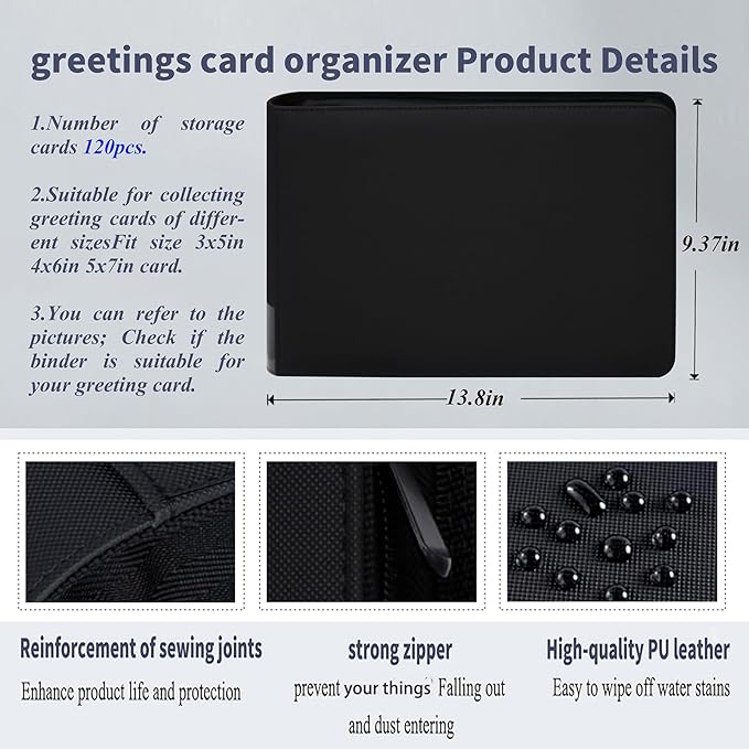 greeting card organizer binder and birthday card holder book,christmas card photo album,binder for greeting cards with sleeves,Suitable for 5x7in, 4x6in, 3x5in cards holds 120 cards (black)