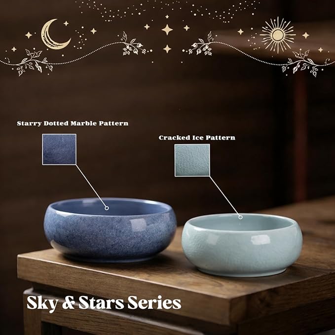 2 Pack Lotus Bowl Planter, Large 7.5'' & Small 6.5'' Shallow Ceramic Water Planting Pot, Drainage-Free Hydroponic Bowl for Lotus Seeds, Ikebana, Succulents & Water Lilies (Sky&Star Series)