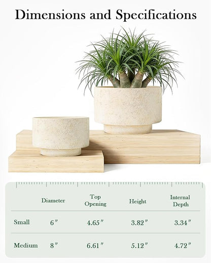 Succulent Pots, 8 Inch + 6 Inch Plant Pots for Plants with Drainage Hole, Indoor Outdoor Ceramic Planter, Set of 2 Round Flower Pots for Succulent and Plants, Beige
