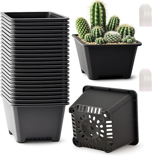 25 Packs Square Nursery Pots for Plants 4.7 Inch Succulent Plant Pots Set Plastic Seedling Starting Pots with Drainage Holes Nursery Pots Variety Pack Flower pots Planter Seed Starter, Black