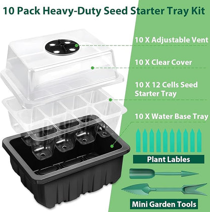 Sfee 10 Pack Seed Starter Tray Kit, 120 Cells Seedling Starter Trays with Humidity Dome and Base Greenhouse Growing Trays, Reusable Seedling Tray with Garden Tools Labels (Black)