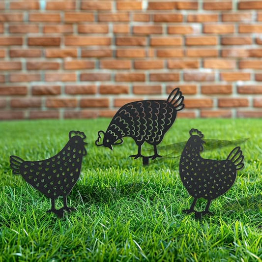 WADORN 3Pcs Chicken Metal Decorative Garden Stakes, Adorable Hen Silhouette Metal Outdoor Statues Animals Garden Ornament Gifts Black Yard Art Decoration for Outdoor Backyard Patio Lawn Walkways