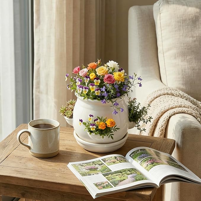 MyGift White Ceramic Plant Pot, Flower Strawberry Planter with Saucer and 4 Decorative Side Openings Design