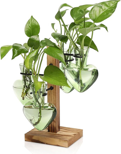 Plant Terrarium Propagation Stations with Wooden Stand, Glass Vase for Indoor Hydroponics Home Garden Office Decoration Gift for Women - 4 Love Bulb Vase