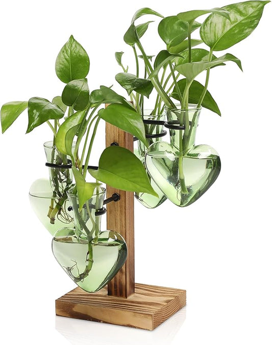Plant Terrarium Propagation Stations with Wooden Stand, Glass Vase for Indoor Hydroponics Home Garden Office Decoration Gift for Women - 4 Love Bulb Vase