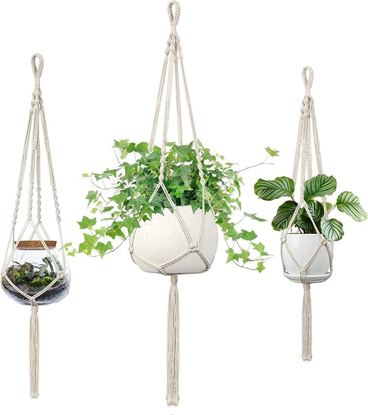 Macrame Plant Hanger - Fits 4 to 13 inches Pots for Indoor Outdoor, 34"/41"/46" 3 Sizes Set, Ivory (POTS NOT Included)