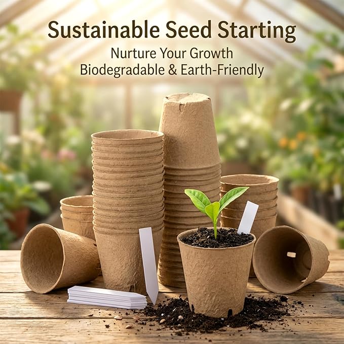 3.1Inch Peat Pots with Labels - 25Pcs Biodegradable Pots for Seedlings with Drainage Holes,Garden Plant Nursery Pots with 25Pcs Plant Labels,Seed Starting Trays for Flower Vegetable Tomato