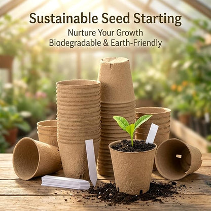 3.1Inch Peat Pots with Labels - 25Pcs Biodegradable Pots for Seedlings with Drainage Holes,Garden Plant Nursery Pots with 25Pcs Plant Labels,Seed Starting Trays for Flower Vegetable Tomato