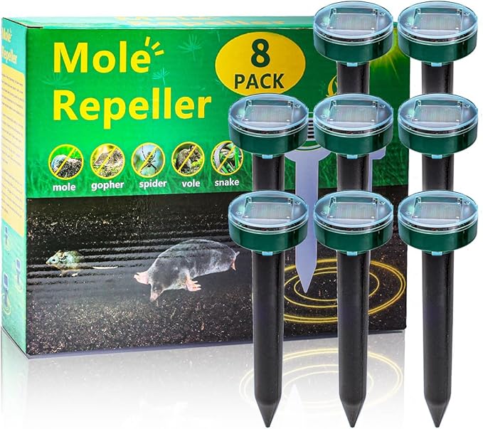 8 green UPGRADE Mole Repellent for lawns Gopher Repellent Ultrasonic Solar Powered Snake Repellent Deterrent Mole Repeller Vole Repellent Outdoor Lawns Garden Yard All Pests Sonic Spikes Stakes Chaser
