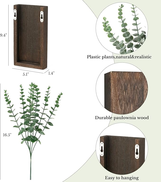 Dahey 2 Pack Wood Wall Planter Vase with Artificial Eucalyptus Farmhouse Wall Hanging Decor Pocket Planter for Indoor Fake Plants Greenery, Living Room Bedroom Kitchen Home Office Decoration
