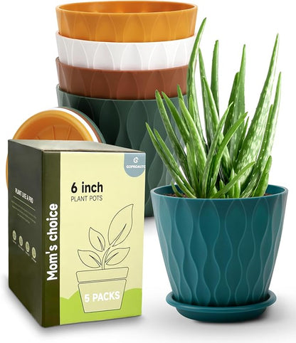 6 Inch Indoor Planter Pots with Drainage Hole and Tray Saucer,Flower Pots for Indoor Outdoor Garden Plants and Flowers, Multicolor, 5 Packs