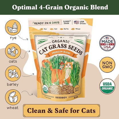 Seedboy Organic Cat Grass Seeds for Planting, Non-GMO Wheat, Oat, Rye, and Barley Cat Grass for Indoor Cats (16 oz)