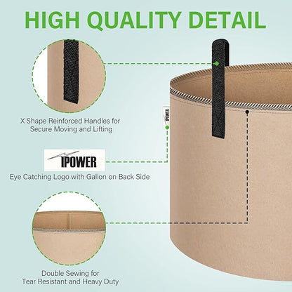 iPower Plant Grow Bag 20-Gallon 5-Pack Heavy Duty Fabric Pots, 300G Thickened Nonwoven Aeration Durable Container, Nylon Strap Handles for Gardening, Planting Tomatoes, Herbs, Flowers, Tan