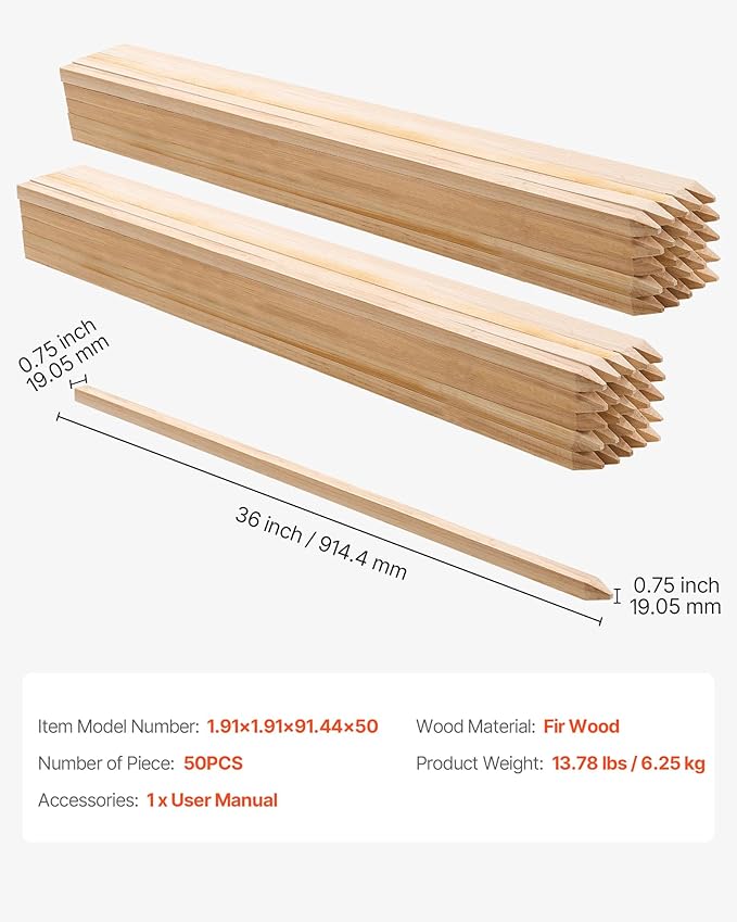 VEVOR Wooden Garden Stakes, 50 Pcs 36x0.75x0.75 in Survey Grading Stakes, Garden Ground Stake with Sharp Point, Fir Wood Plant Support Stake, Sign Posts for Silt Fence Backyard Boundaries Baselines