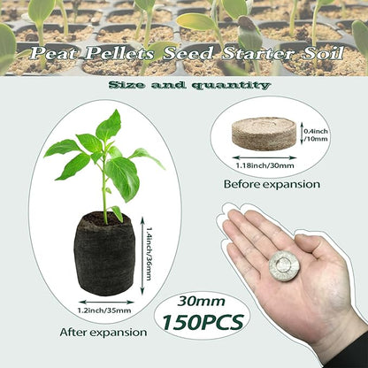 150 Pcs 30mm Peat Pellets for Seed Starting and Sowing, Compressed Seed Starter Pods for Garden Planting of Herbs, Flowers, and Vegetables