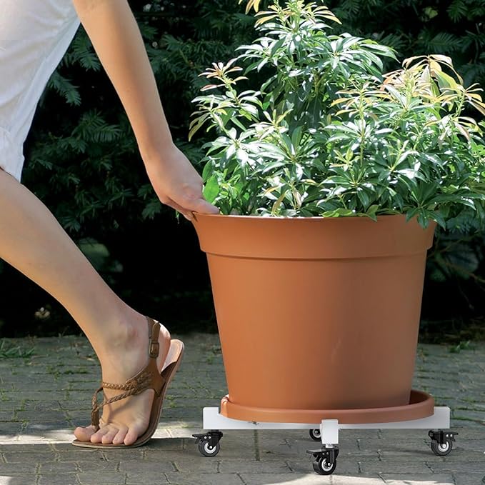Plant Caddy with Wheels, Adjustable 14in to 21inch Heavy Duty Rolling Plant Dolly, Metal Plant Stand with 4 Lockable Caster Wheels, for Indoor Outdoor Pots Planter, Holds Up to 500 Lbs, White