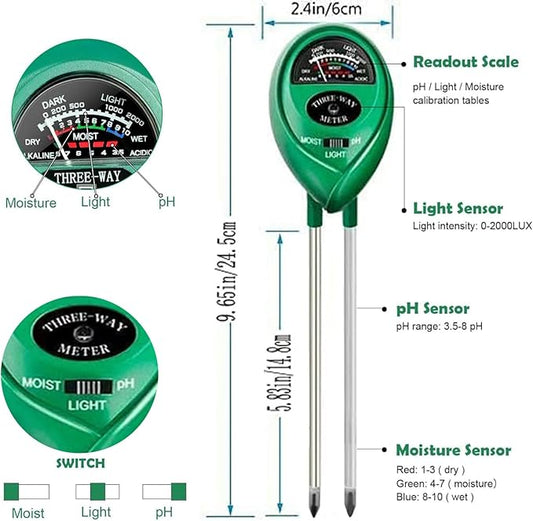 Soil Tester for Garden, Soil pH Meter 3-in-1 Soil Test Meter for Moisture/Lighting/pH, Soil Moisture Meter for Potting Soil, Farm, Lawn, No Battery Required