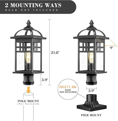 Emliviar 22" Outdoor Post Light, Large Exterior Post Lamp for Garden Backyard, Die-cast Aluminum with Seeded Glass, Black Finish, DE281P-M BK