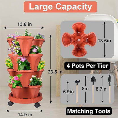 DUNCHATY Stackable Planters 4 Tier Vertical Garden Planting Tower Planters Strawberry, Herb, Flower, and Vegetable Planter Indoor Outdoor Gardening Pots with Removable Wheels and Tools
